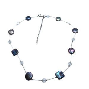 Stunning Sterling Silver, Crystal & Circle/ Square Button Pearl Vintage Necklace
